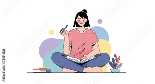 A tranquil young woman is absorbed in reading and writing, sitting cross-legged with a pen and book, representing focused study and creative inspiration.