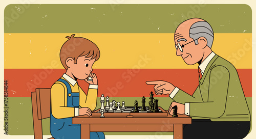 An experienced grandfather teaches his young grandson how to play chess, fostering a thoughtful intergenerational bond through strategic gameplay.