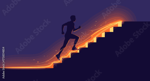 A determined silhouette of a person runs up a glowing staircase, symbolizing ambition, progress, and the journey towards success and future achievements.