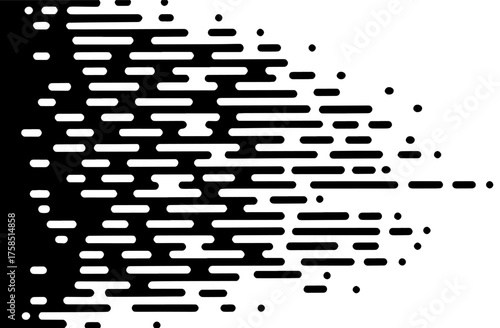 Dynamic abstract digital transition background with fragmented horizontal lines and dots, creating a dissolving data stream effect from a solid block to a subtle pixelated fade