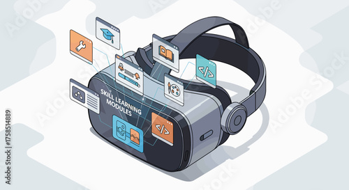 An innovative virtual reality headset displays a comprehensive skill learning roadmap through interactive digital interfaces.
