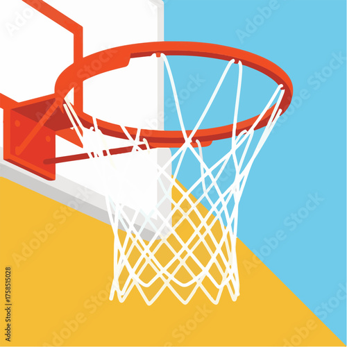 Illustration of a basketball hoop with a net, mounted on a backboard against a colorful background.
