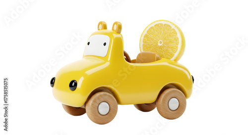 BABY TOYS - Yellow toy car with a slice of lemon in the back, creative concept for kids and freshness, perfect for product and food photography