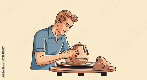 A skilled male artisan meticulously crafts a beautiful ceramic pot on a pottery wheel, showcasing traditional hand-making techniques.