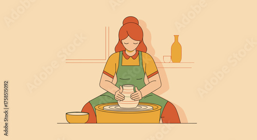 An illustration portrays a creative woman shaping wet clay into a unique vessel on a spinning potter's wheel, embodying artistic passion and craftsmanship.