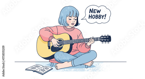 A young woman with blue hair happily discovers her passion for music, learning to play the acoustic guitar as a delightful new hobby.