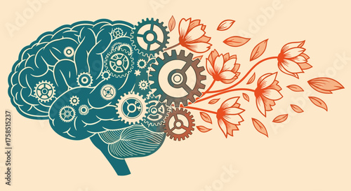 An insightful vector graphic showcasing the human brain, illustrating the dynamic interplay between analytical thinking and imaginative, organic growth.