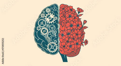 An intricate illustration depicts the human brain split into logical gears and vibrant creative flowers, symbolizing the duality of thought.