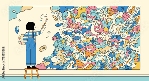 A young artist passionately paints an expansive, vibrant mural filled with whimsical abstract shapes, expressing boundless creativity and imagination on a large canvas.