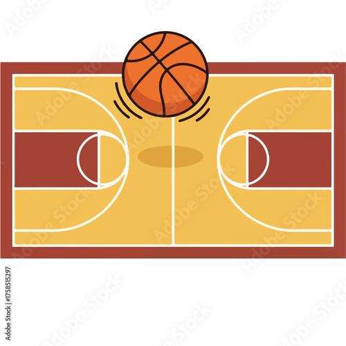 Top-down view of a basketball court with a bouncing basketball above the center line, showcasing the court's layout and markings.