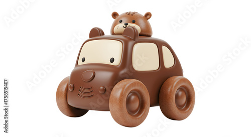 BABY TOYS - Cute brown wooden toy car with bear figure, kids plaything, children's educational toy, perfect for toddlers