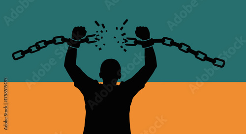 This compelling silhouette graphic illustrates a person breaking their chains, powerfully symbolizing liberation, human rights, and the triumph of the individual spirit.