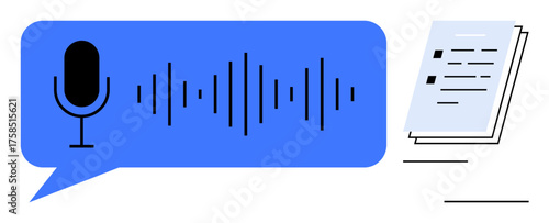Microphone inside speech bubble with soundwaves beside stacked pages of text. Ideal for voice-to-text, transcription, AI, documentation, productivity, technology, digital tools. Simple flat metaphor