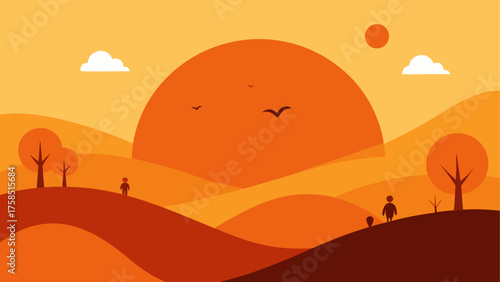 Orange landscape with sun and silhouettes