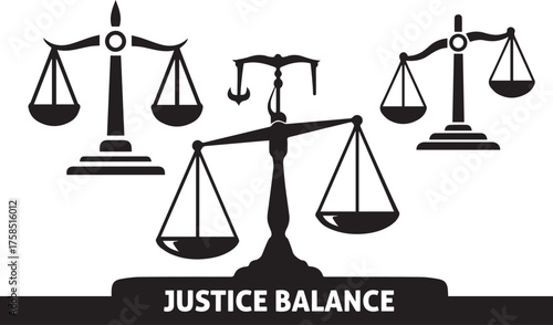 Silhouette of three justice scales of balance and fairness against a white background representing law and order