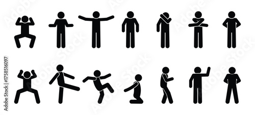 stick figure, set of icons people, basic movement, man poses, pictogram human silhouettes