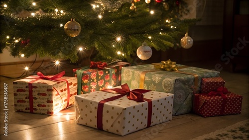 Christmas gifts under glowing tree lights holiday celebration background