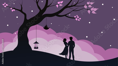 Couple under tree with lanterns at night