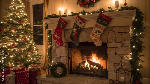 Warm fireplace with stockings and christmas decorations cozy holiday home