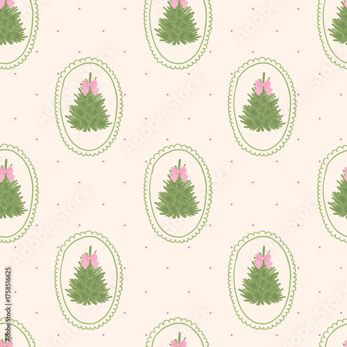 Christmas seamless pattern with Christmas trees and pink bows in whimsical green frame. Xmas coquette retro print. Trendy Vintage design for holiday background, fabric, wrapping paper, textile.