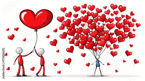Cartoon figures with heart shaped balloons