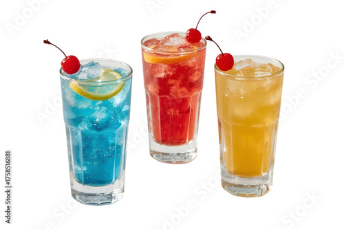 Tropical Trio: Three vibrant cocktails, each a unique color and flavor, are adorned with a cherry garnish, inviting you to a refreshing experience.