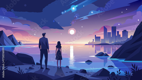 Couple watching city skyline at twilight on transparent background silhouette