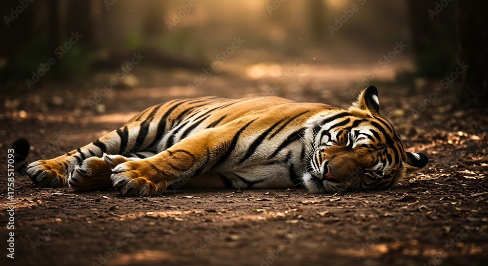 Fototapeta premium Resting tiger lying on a forest path with warm sunlight highlighting its form
