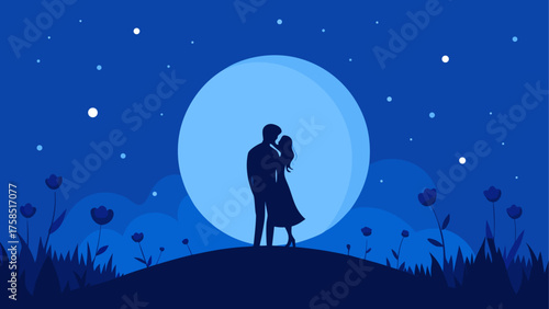 Couple kissing under full moon at night sky on transparent background silhouette