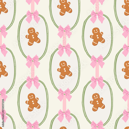 Cute Christmas seamless pattern with gingerbread cookies, pink bows and whimsical green frames. Xmas retro print with gingerbread man for holiday wrapping paper, fabric, textile design.