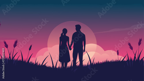 Silhouette couple holding hands at sunset on transparent background