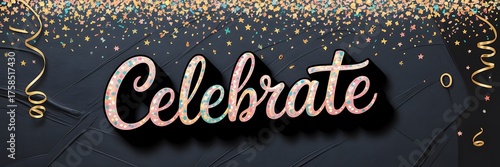 Celebrate text with glitter and confetti on a dark background, perfect for party invitations and festive occasions
