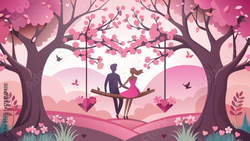 Couple on swing under cherry blossom trees on transparent background silhouette