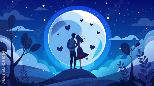 Couple silhouette under moonlit night sky on transparent background