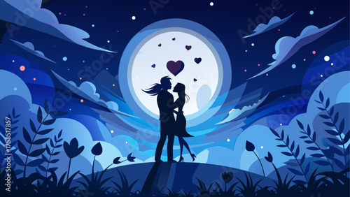 Silhouette couple under moonlit night sky on transparent background