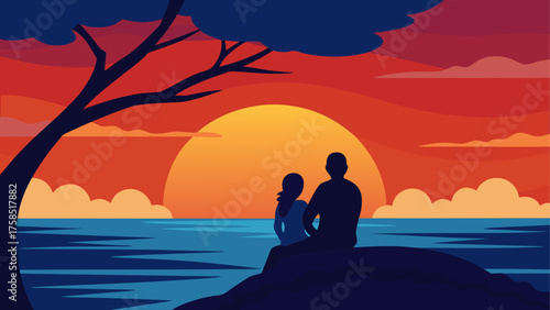 Couple sitting by the sea at sunset time on transparent background silhouette