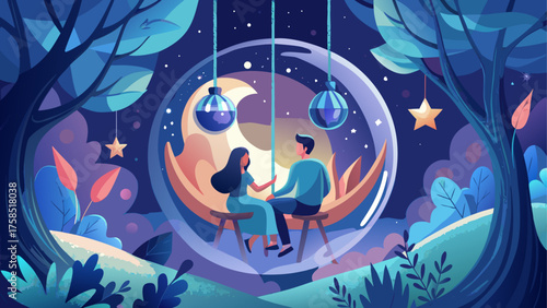 Couple sitting on moon in bubble at night on transparent background silhouette