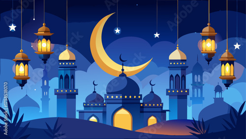 Ramadan night with mosque and lanterns view on transparent background silhouette