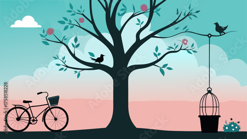 Silhouette tree and bicycle in nature view on transparent background