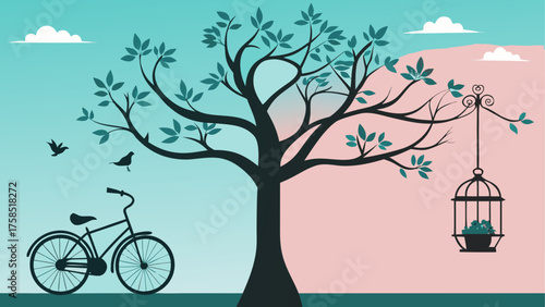 Silhouette tree with bike and birdcage art on transparent background