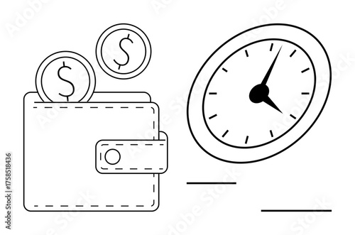Wallet holding coins alongside a clock symbolizing time management, financial savings, and productivity. Ideal for finance, efficiency, time value, investments, budgeting, deadlines and economics