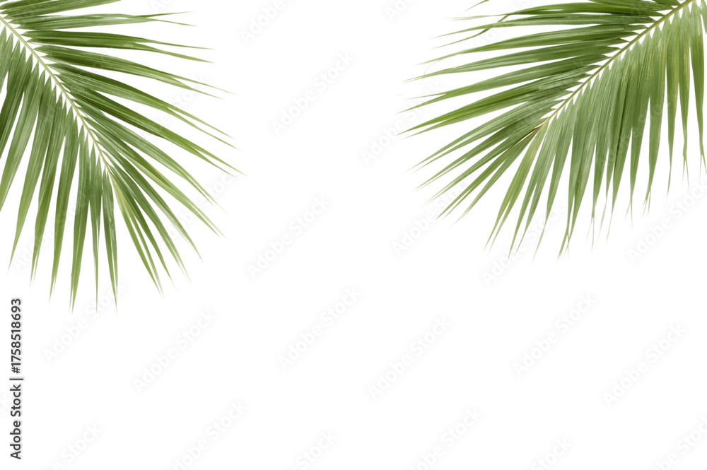Naklejka premium Palm Fronds: Fresh, vibrant palm fronds displayed against a crisp backdrop, exuding a sense of freshness and evoking tropical imagery.