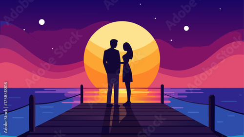 Silhouette couple on dock at sunset scene on transparent background