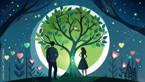 Couple standing under a love tree at night on transparent background silhouette