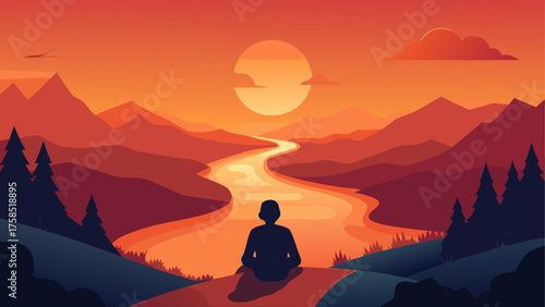 Person meditating by river at sunset view on transparent background silhouette