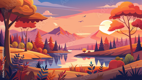 Autumn landscape with mountains and lake on transparent background silhouette