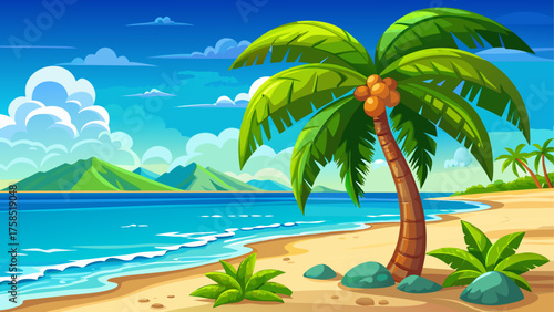 Tropical beach with palm trees and ocean view on transparent background silhouette