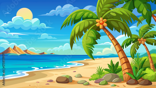 Cartoon beach with palm trees and ocean view on transparent background silhouette