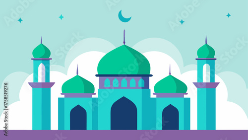 Illustration of a colorful mosque at night on transparent background silhouette