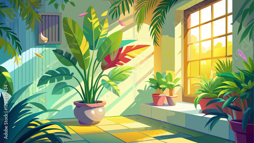 Indoor plants near a window in sunlight on transparent background silhouette